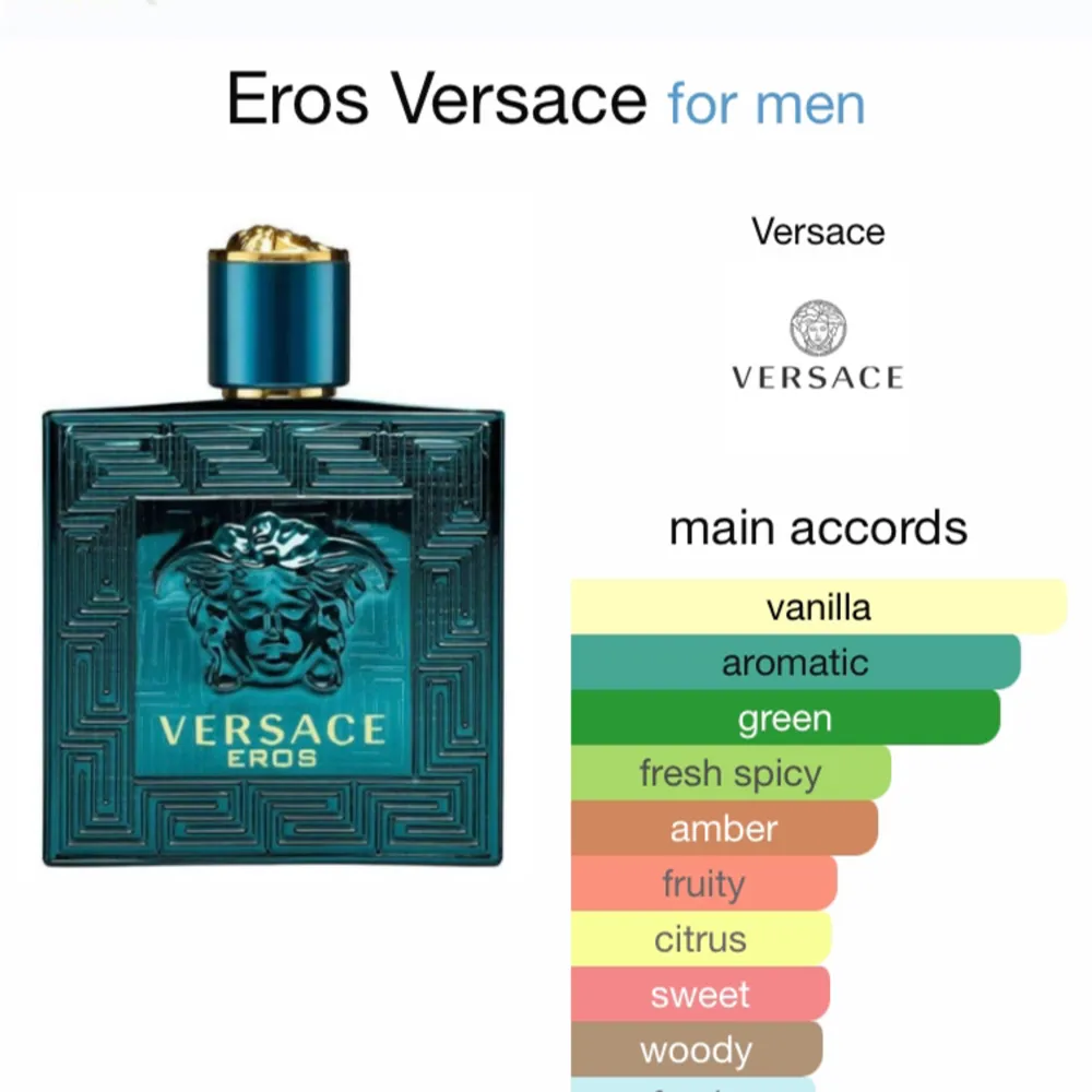 5ml sample av Versace Eros. Versace Eros är en sommarparfym med mycket vanilj, aromatisk och den har mycket grönt i sig. Perfekt till sommaren. Övrigt.