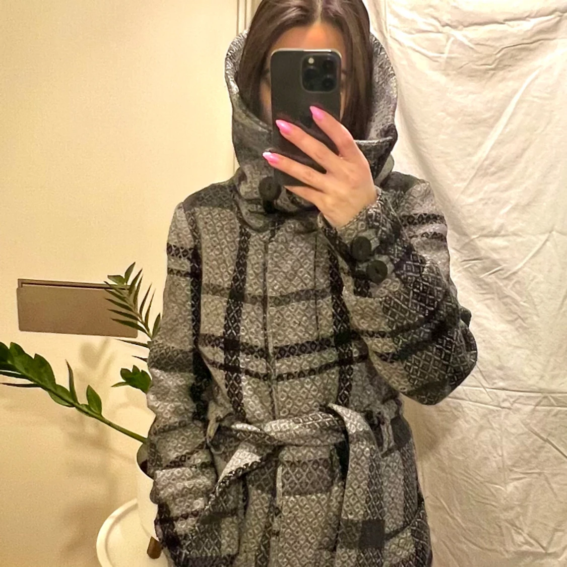 Plaid coat with cowl neck