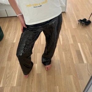 Glittriga byxor - Suuupersnygga paljettbyxor från H&M som jag velat spara på men tyvärr är för små nu:( dessa sätts på av en liten dragkedja på sidan som Inte syns. Dessa är lite längre i benen (är 170cm) . Dessa är mörkbruna/svarta🫶🏼