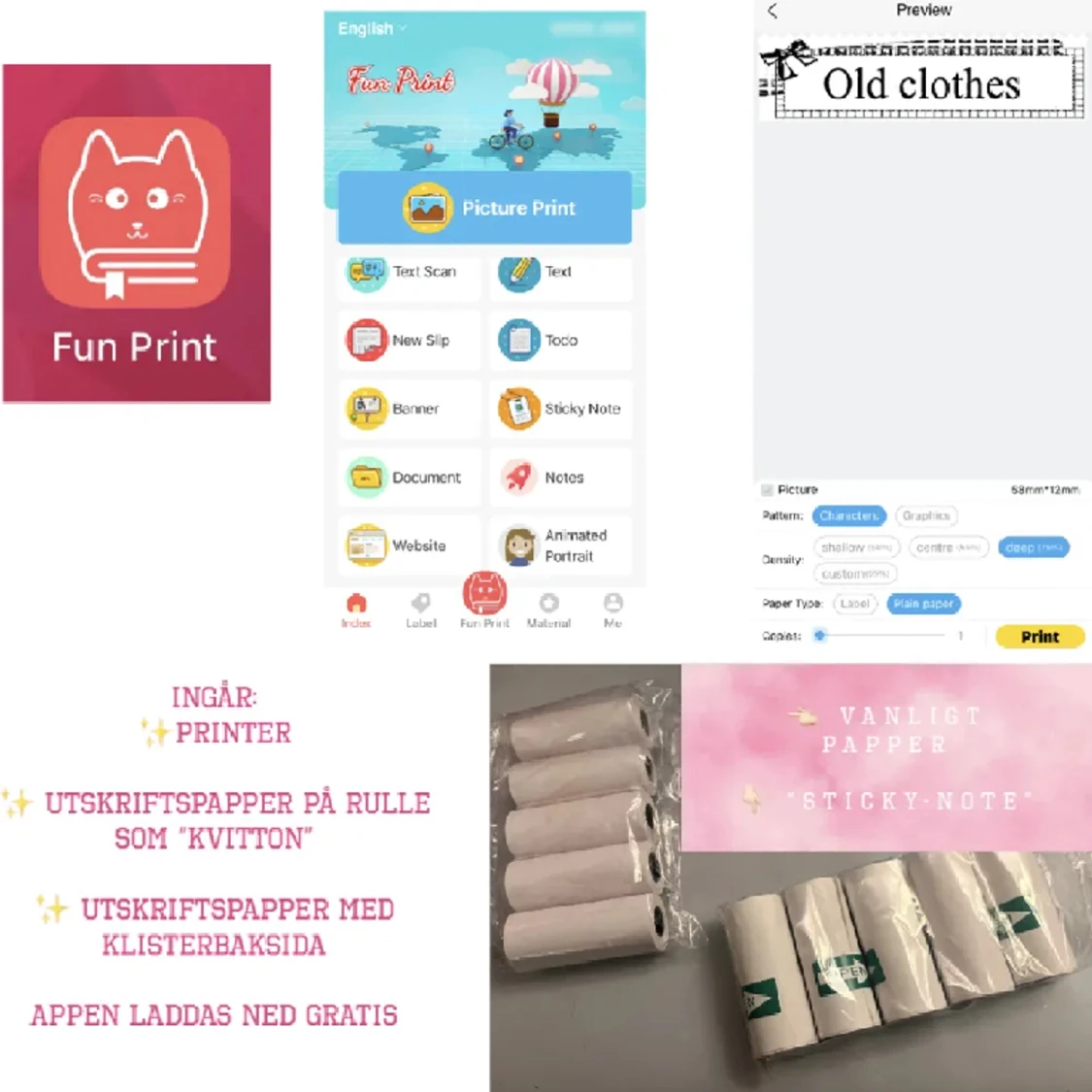 Söt Mini printer /skrivare två sorters papper.  - 90