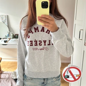 Grå sweatshirt från hm - Säljer en grå sweatshirt med vinröd text 'Champs Elysées Paris 1970' på bröstet. Tröjan har rund hals, långa ärmar och ribbade muddar vid ärmslut och nederkant. Perfekt för en chill och avslappnad stil.