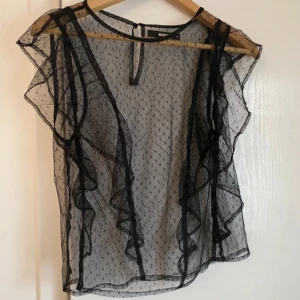 Volangtopp - Säljer en svart transparent blus från Bik Bok i mesh med små prickar och volangdetaljer längs framsidan. Blusen är ärmlös och har en lätt och luftig känsla, perfekt för att skapa en cool och trendig look.