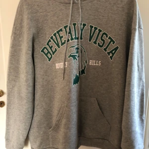 Grå hoodie med tryck  - Säljer en grå hoodie med grönt och vitt tryck 'Beverly Vista' och en örn på bröstet i storlek s/m. Tröjan har huva och magficka. 
