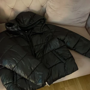 Svart pufferjacka från 157, storlek L - Säljer en svart pufferjacka från 157 i storlek L. Jackan har en glansig finish, stora quiltade partier och huva. Perfekt för kalla dagar och riktigt skön att bära. Stängs med dragkedja och har en clean, stilren look.