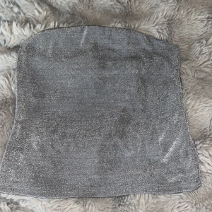 Glittrig silver tubtopp Gina Tricot - Snygg glittrig silver tubtopp från Gina Tricot. Toppen är axelbandslös och har en bandeau-modell som sitter tight. Perfekt för att sticka ut med en enkel men ändå festlig look. Materialet är stretchigt och skimrar snyggt i ljuset.