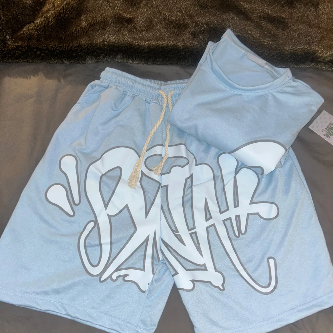 Syna world Ljusblå shorts med graffiti-tryck  - 2