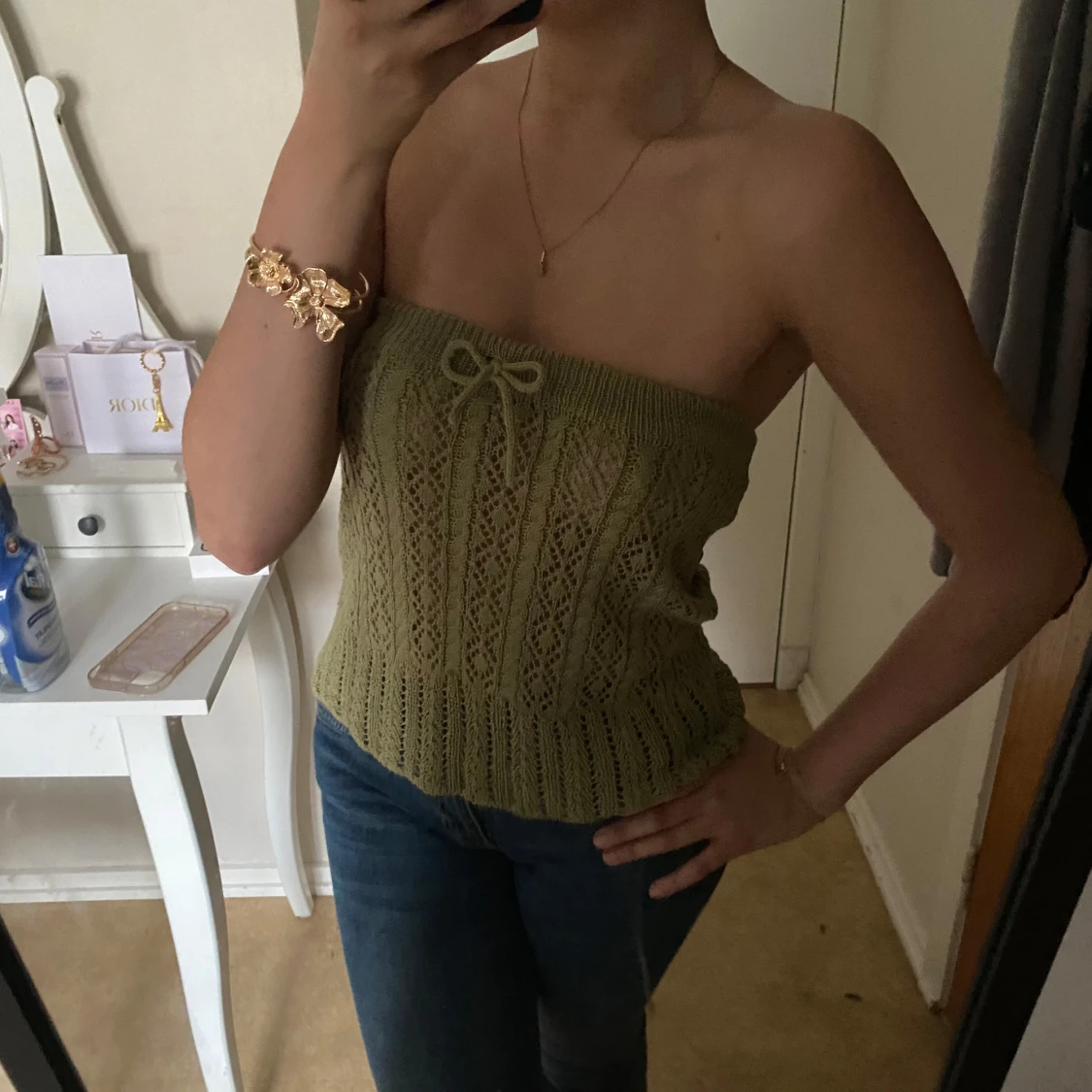 Olivgrön stickad bandeau tubtopp - 2