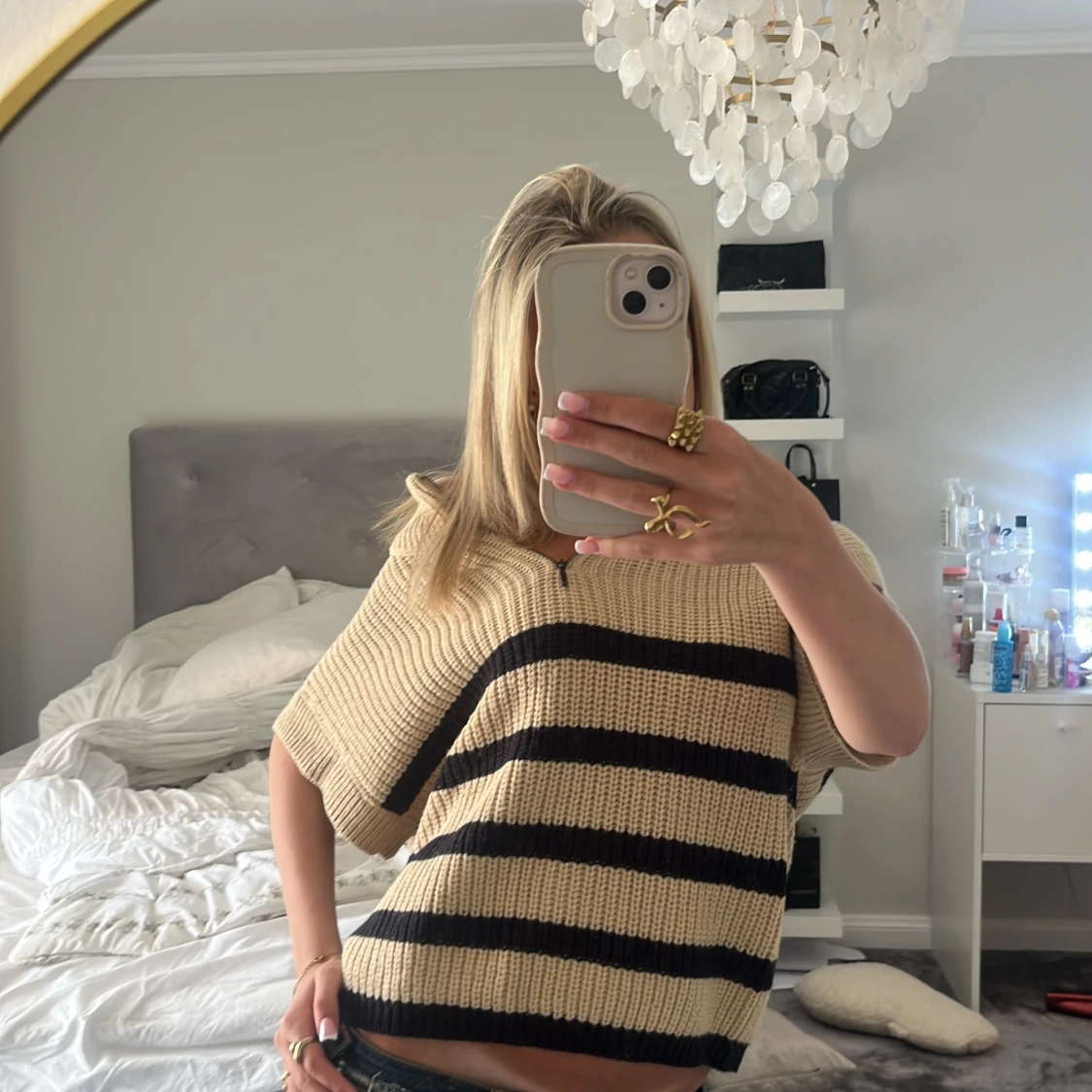 Beige stickad randig tröja med half zip - 3