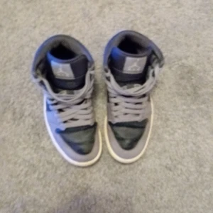 Grå och lila Nike Air Jordans - Säljer ett par grå och lila Nike Air Jordans med klassisk design och snörning. Skorna har en rund tå och är perfekta för sneakerälskare.