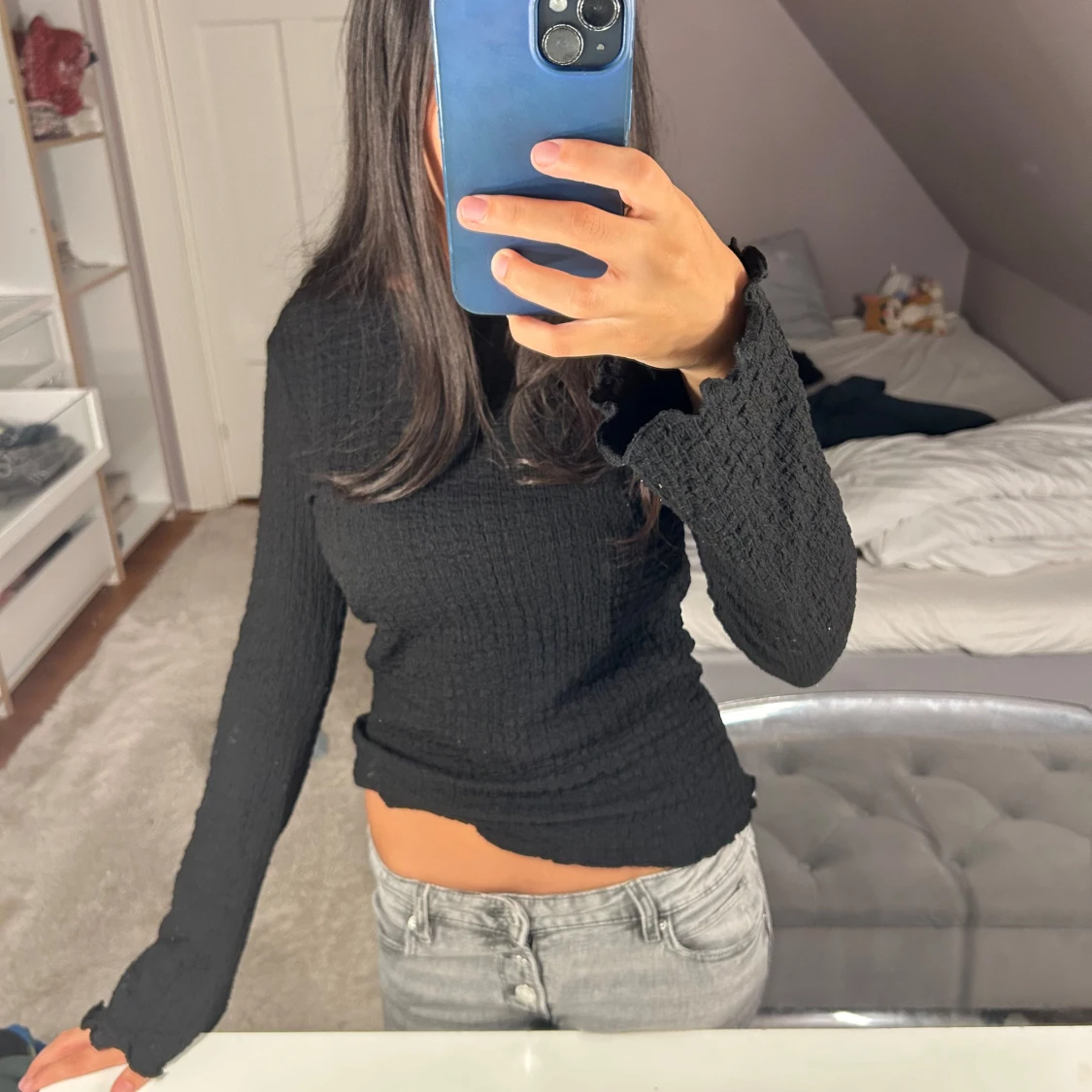 Svart långärmad ribbad topp - 2