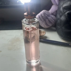 Douglas parfym rosa glasflaska - Säljer en elegant parfym från Douglas i en cylinderformad glasflaska med rosafärgad vätska och kopparfärgad spraykork. Flaskan har en stilren design med tryckt logga framtill. Perfekt för dig som gillar fräscha och feminina dofter.