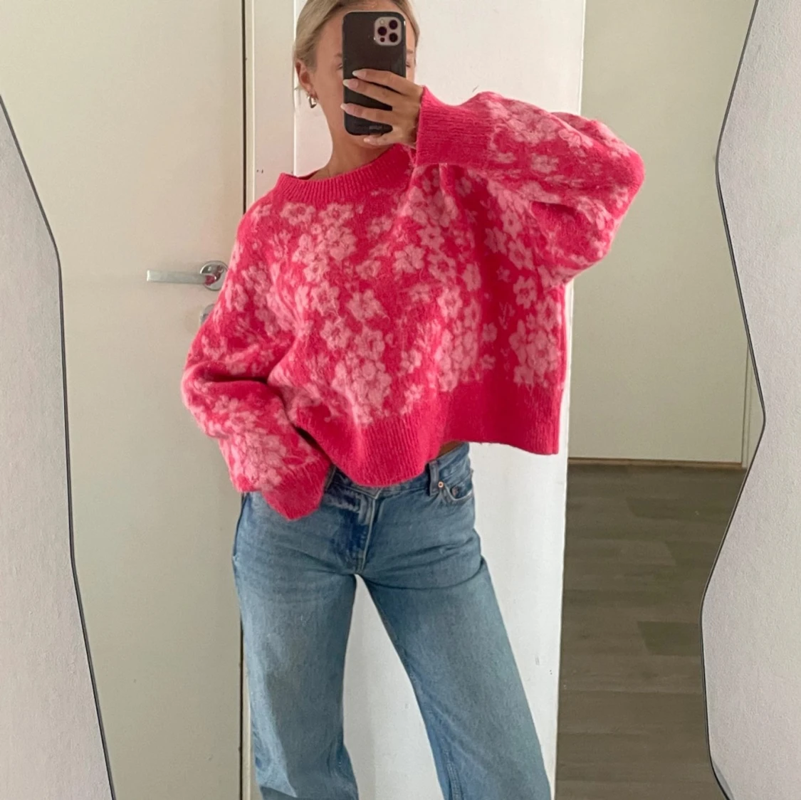 Rosa gullig stickad tröja - 90