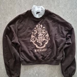 Tröja - Mörkbrun tröja från H&M med Hogwarts-tryck i silver på bröstet. Tröjan har rund hals, långa ärmar och ribbade muddar. Perfekt för dig som älskar Harry Potter och vill ha en chill och snygg look.