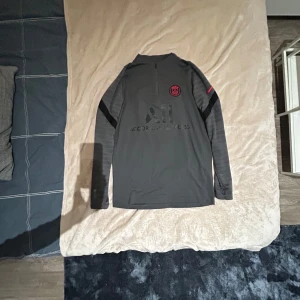 Psg tröja Nike - Säljer en grå långärmad tröja från Nike med PSG-logga och texten 'Visit Rwanda' på baksidan. Tröjan har svarta detaljer på ärmarna och en hög krage. Perfekt för fotbollsfans! ⚽