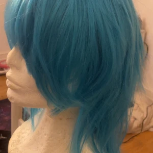 Blå peruk  - Säljer en cool blå peruk med lugg och axellångt hår. Peruken har en jämn, lite rufsig frisyr och till klipt frisyr. Perfekt för cosplay eller maskerad!