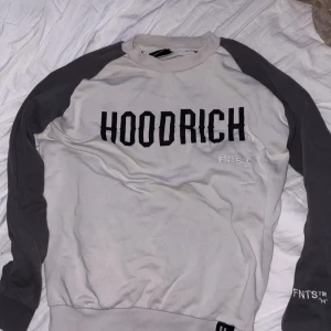 Limit edition sweatshirt från Hoodrich - Säljer en grå sweatshirt från Hoodrich med svart text på bröstet och ryggen. Tröjan har kontrastfärgade mörkgrå ärmar och ribbade muddar. Perfekt för en avslappnad stil och streetwear-look.