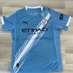 2026 Manchester City blå fotbollströja Puma (finns i L och M) - Snygg Manchester City fotbollströja från Puma i ljusblått med vita och marinblå detaljer. Tröjan har korta ärmar, rund hals och klubbmärke på bröstet. Materialet är lätt och andas, perfekt för match eller träning. Ikonisk diagonal rand och sponsortryck framtill.