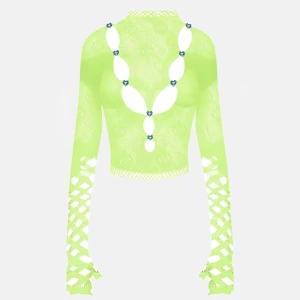 Poster girl top - Poster girl neongrön topp med unika utskärningar och dekorativa blommor. Blusen har långa ärmar med ett nätmönster och en croppad passform. Perfekt för att sticka ut i mängden! Aldrig använd! 