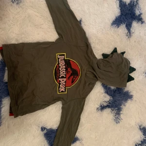 hoodie/ tröja  - Grön hoodie från H&M med stort Jurassic Park-tryck på bröstet och coola dinosaurietaggar längs huvan och ryggen. Långärmad och tillverkad i mjuk bomull, perfekt för dig som älskar dino vibes och vill sticka ut lite extra.