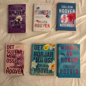 Dina perfekta sidor, Bekännelser, 9 November, Det slutar med oss, Det börjar med oss, Minnen av honom - Sex populära romaner av Colleen Hoover, översätta till svenska. 50kr st. DE SOM FINNS KVAR ÄR ”DET BÖRJAR MED OSS” ”DET SLUTAR MED OSS” och 9 NOVEMBER 