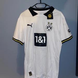 Borussia Dortmund 24/25 borta fotbollströja Puma - Snygg vit Borussia Dortmund fotbollströja från Puma med svart krage och svarta detaljer. Kortärmad modell med gula och svarta ränder på ärmsluten, BVB-logga och sponsortryck på bröstet. Tillverkad i lätt och ventilerande material, perfekt för match eller träning.
