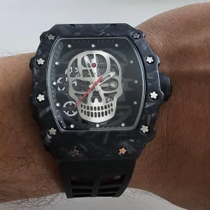 Skeleton dial skull - fiber carbon watch - black  - Completely new. 2 years battery life Citizen Quartz Movement Rubber band 20mm