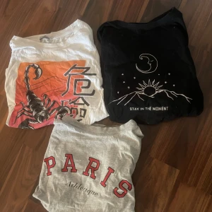 3 coola t-shirts med tryck - Tre t-shirts med unika tryck: en vit med skorpion och asiatiska tecken i orange och svart, en svart med måne, sol och berg samt texten 'Stay in the moment', och en ljusgrå med röd text 'PARIS Athlétique'. Alla har rund hals och är kortärmade, perfekta för dig som gillar statement-plagg.