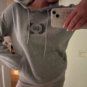 Grå hoodie - Säljer en grå hoodie med svart snygg logga. Super skön och snygg, nästan aldrig använd💕💕💕