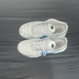 Nike Air Max Plus vita/blå sneakers - Nike Air Max tns det finns ett litet hål som jag har fyllt i men man kan knappt märka det. Pris kan förhandlas och jag vill helst bara bli av med de.