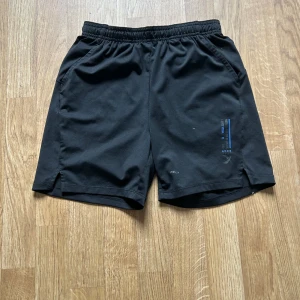 Svarta träningsshorts med tryck - Svarta träningsshorts med elastisk midja och diskret blått tryck på ena benet där det står 'THERE IS NO OFF SEASON'. Shortsen har två sidofickor och är tillverkade i ett lätt och smidigt material som passar perfekt för träning.