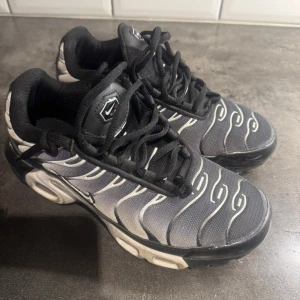 Nike Air Max Plus TN svarta sneakers. Pris kan diskuteras  - Säljer ett par svarta Nike Air Max Plus TN sneakers med vita och grå detaljer samt ikoniska vågmönster. Skorna har synlig Air Max-dämpning i sulan och klassisk snörning. Perfekta för dig som gillar streetwear och sportig stil.