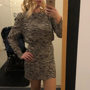 Zebramönstrad kort klänning - Säljer en snygg kort klänning med zebramönster i svart och beige. Klänningen har långärmade puffärmar och en figurnära passform som framhäver midjan. Perfekt för dig som vill sticka ut med ett djuriskt print och cool siluett.använd bara ett par timmar inomhus
