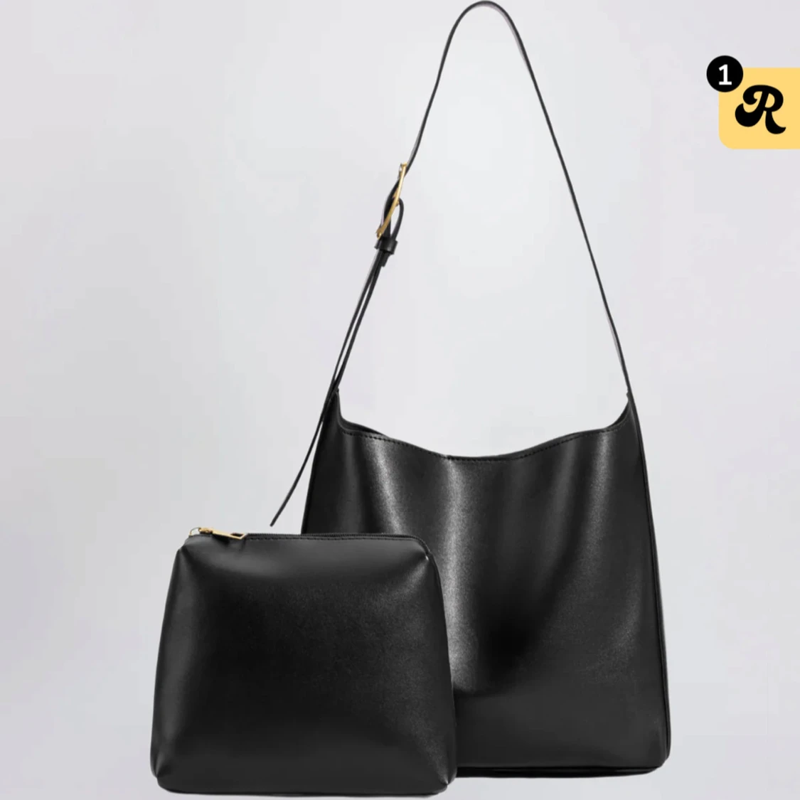 Svart totebag i skinn + matchande necessär  - 3