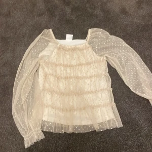 Beige blus från Zara - Säljer en söt beige blus från Zara med långa, transparenta ärmar och prickigt mönster. Blusen har volangdetaljer och en luftig passform, perfekt för en stilren look.