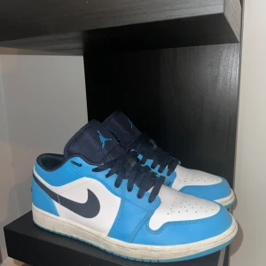 Nike Air Jordans i blått och vitt - Snygga Nike Air Jordans i en fräsch blå och vit färgkombination. Skorna har en klassisk design med snörning och den ikoniska Nike-loggan på sidan. Perfekta för dig som vill ha en stilren och sportig look.