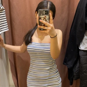 Randig tight tubklänning - Säljer en tight tubklänning med horisontella ränder i vitt, blått och gult. Klänningen är ärmlös och har en kroppsnära passform som framhäver figuren. Perfekt för varma dagar eller sommarens alla tillfällen