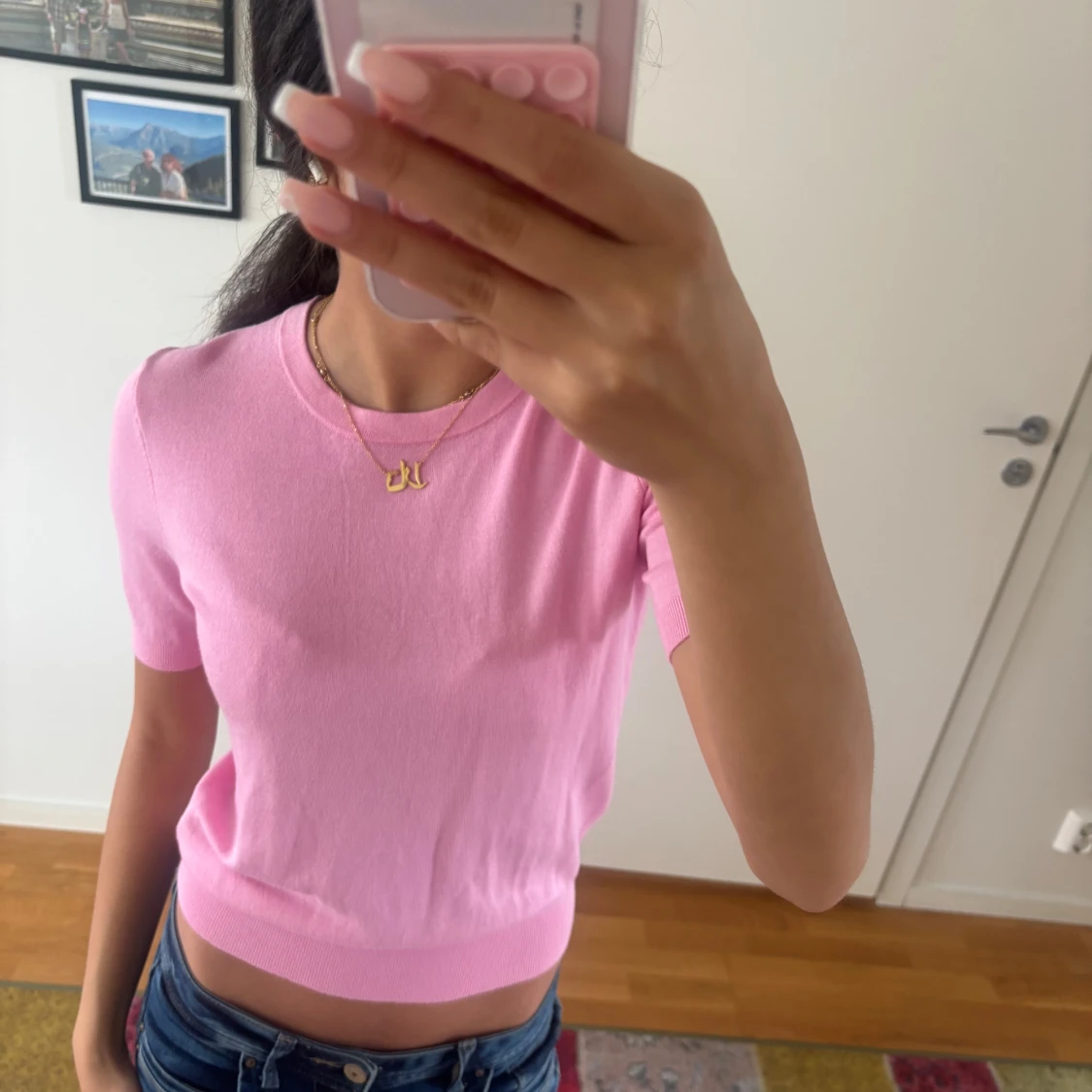 Ljusrosa stickad kortärmad tröja