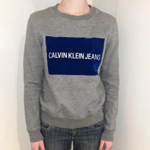 Grå sweatshirt från Calvin Klein Jeans - Säljer en stilren grå sweatshirt från Calvin Klein Jeans med en blå logga på bröstet. Tröjan har långa ärmar och en rund halsringning. Perfekt för en avslappnad look.
