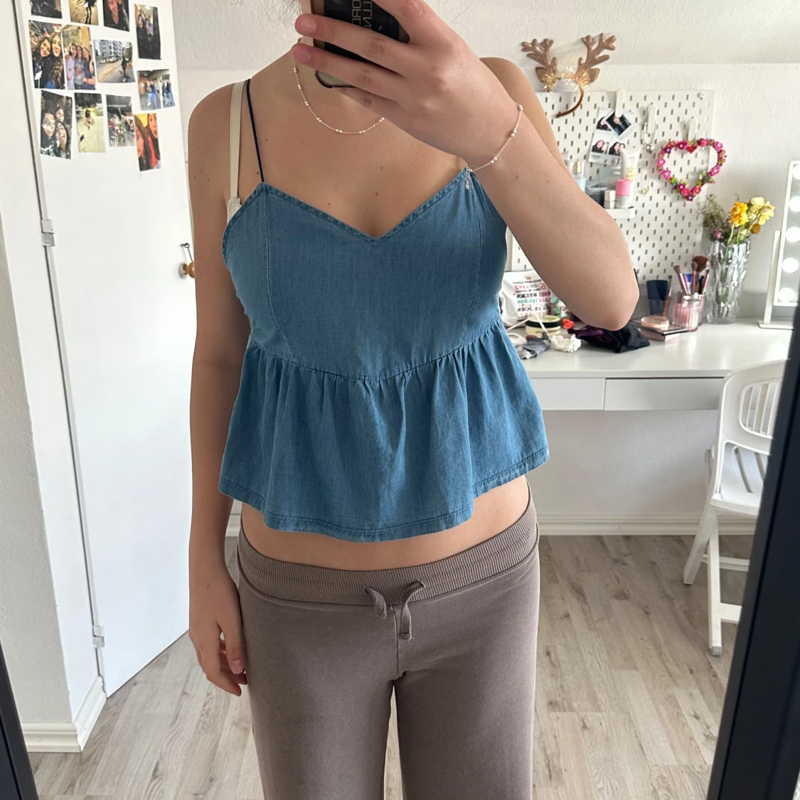 Blå jeans-linnetopp med tunna axelband - 1