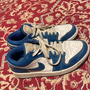 Nike Dunk Low blå och vita sneakers - Snygga Nike Dunk Low sneakers i blått och vitt med klassisk swoosh på sidan. Skorna har snörning, perforerad tå och platt sula. Perfekta för dig som gillar streetstyle och vill sticka ut med en ikonisk modell.