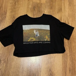 Svart croppad t-shirt från FB Sister - Säljer en svart croppad t-shirt från FB Sister med tryck av ett solrosfält och texten 'Brighter Days Are Coming'. Perfekt för en avslappnad stil. T-shirten har korta ärmar och en rund halsringning och är lite kortare i magen 