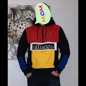 Flerfärgad hoodie från Ellesse - Snygg och färgglad hoodie från Ellesse med dragkedja och stor logga på framsidan. Tröjan har en mix av rött, gult, blått och svart med långa ärmar och en justerbar huva.