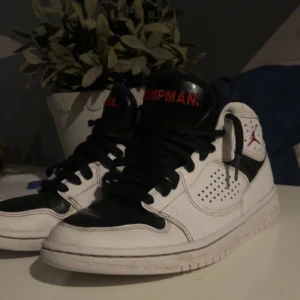 Nike Air Jordans i svart och vitt - Säljer ett par Nike Air Jordans i svart och vitt. Skorna har en klassisk design med snörning och den ikoniska Jumpman-loggan i rött på sidan. De är i bra skick men dem är lite sönder längst fram på tån på höger foten  Perfekta för både vardag och fest!