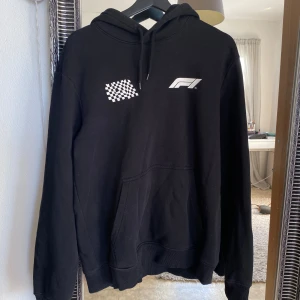 Svart hoodie med F1-tryck - Säljer en svart hoodie med F1-logga och schackrutigt mönster på framsidan. Baksidan har en stor vit text med 'Wheel to Wheel' och grafiska detaljer. Perfekt för racingfans! 🏎️