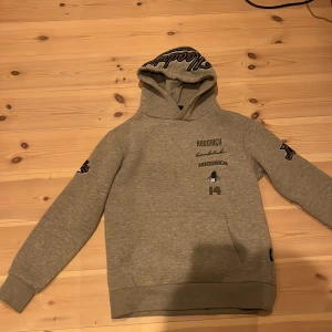 Grå hoodie från Hoodrich - Säljer en grå hoodie från Hoodrich med tryck på bröstet och ärmarna. Hoodien har en klassisk design med en stor huva och ribbade muddar vid ärmslut och nederkant. Perfekt för en avslappnad stil. Nypris 1000