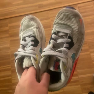 Färgglada sneakers från Nike - Säljer ett par coola Nike sneakers i grått med färgglada detaljer i rött, blått och gult. Skorna har en klassisk snörning och en bekväm sula med bra grepp. Perfekta för vardagsbruk eller träning. Lite använda men i bra skick!