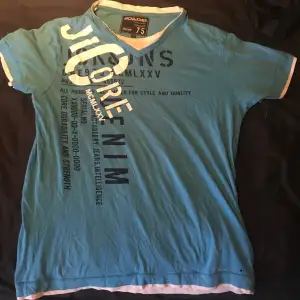 Snygg ljusblå Jack&jones T-shirt med påsytt vitt tyg som ger effekten av två t-shirts. Storlek small. Köpt second hand i bra skick och har inte själv använt den. Fråga om ni har frågor! (Pris kan diskuteras)