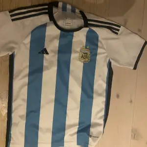 Äkta Argentina tröja från VM 2022. Denna tröjan köpte jag för 1000 kr. Den är använd max tre gånger. Säljer för den inte kommer till användning. Storlek M