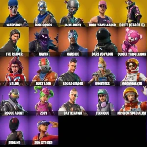 Fortnite Skins, Pickaxes, Emotes och Gliders(OG) - Samling av Fortnite skins, pickaxes, emotes och gliders. Inkluderar karaktärer som The Reaper och Raven, pickaxes som Trusty No. 2 och Rift Edge, emotes som Take the L och Orange Justice, samt gliders som Snowflake och Intrepid. Perfekt för Fortnite-fans som vill utöka sin samling med ikoniska föremål från spelet.