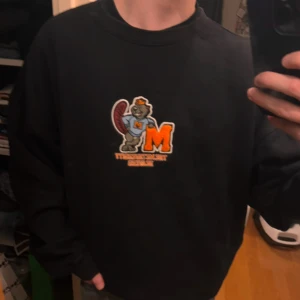 Svart sweatshirt med tryck - Säljer en svart sweatshirt med ett coolt tryck av en bäver och texten 'The Metal City Beavers' på framsidan. Tröjan är i bra skick och perfekt för en avslappnad stil. Den har långa ärmar och en normal passform. Perfekt för hösten! 